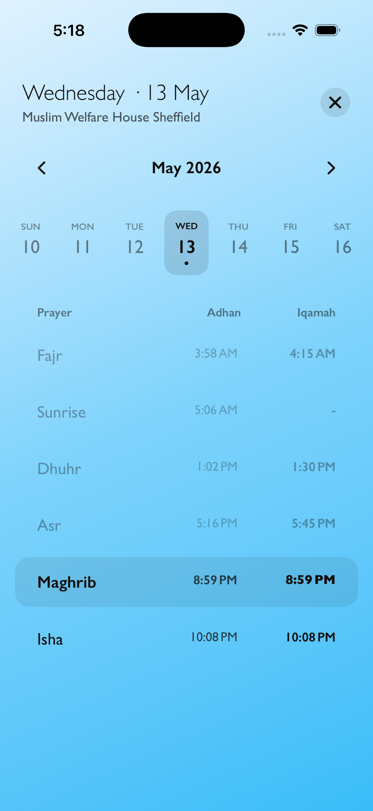 Masjidly timetable view